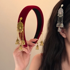 Vintage ethnic velvet headband set with metallic tassels and golden bell charms