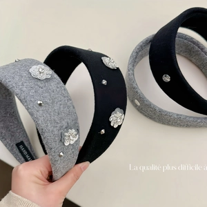 Elegant grey and black tweed headbands featuring silver sequin flowers and metal studs