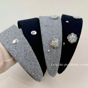 Gray tweed and black velvet headbands with silver flower sequins and metal charms