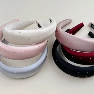 Vintage Padded Satin Headband With Rhinestone Rivets For Women Thick Sponge Hair Hoop Elegant Fashion Hair Accessories