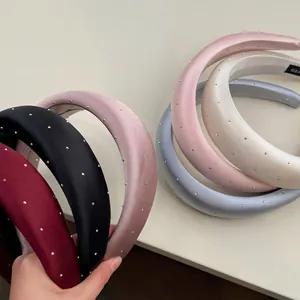 French vintage satin padded headband with silver bead studs for women in various colors