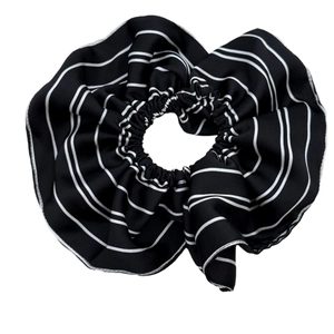 French vintage oversized black and white striped hair scrunchie with silk texture