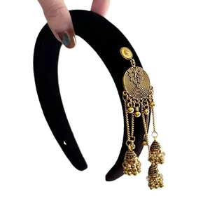 Ethnic style black velvet headband with vintage gold tassel charms for women