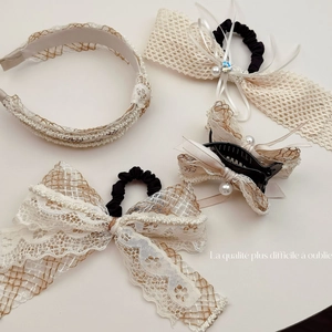 Vintage French Style Lace Artificial Pearl Bow Hair Accessories Elegant Beige Black Headband Scrunchie Hair Claw Clip For Women Daily