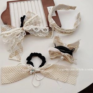 Elegant bohemian lace hair accessories set with oversized bows and pearl headbands