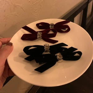 Vintage Velvet Bow Rhinestone Hair Clip For Women Elegant French Style Black Burgundy Side Clip Fashion Hair Accessories