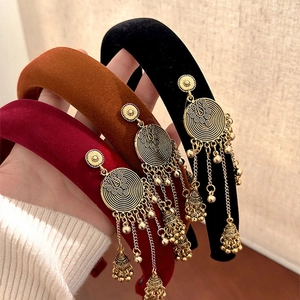 Ethnic Style Velvet Padded Headband For Women Vintage Chinese Style Tassel Bell Hair Band Handmade New Year Hair Accessory