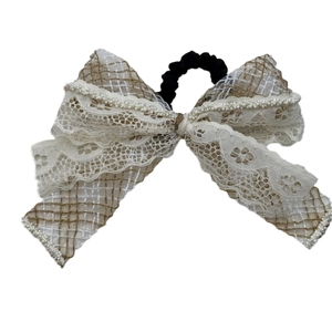 Bohemian bow hair tie with plaid fabric, lace details and white faux pearls decor