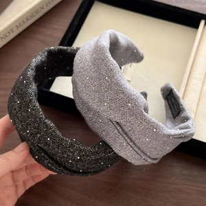 Korean Style Wide Padded Tweed Hairband With Sparkle Rhinestone Cross Knot Design For Women Autumn Winter Hair Accessories
