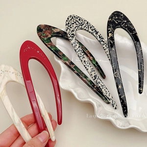 French Acetate U-Shaped Hair Fork For Women Minimalist Marble Pattern Hair Stick With Rhinestone Elegant Updo Styling Tool