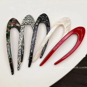 French minimalist U-shaped hair pins in acetate tortoise and marble patterns set