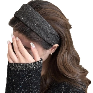 Foldable wide knit headband with silver sequins in charcoal grey for elegant winter style