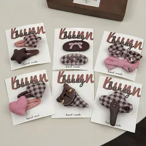 Dolce Stile Coreano Fermagli per Capelli in Tessuto a Quadri Fatti a Mano per Bambini Cuore Stella Fiocco Rosa Marrone Accessori per Capelli