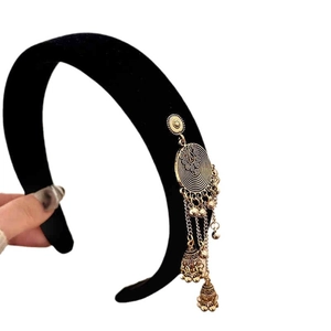 Black velvet headband with gold tassel bell pendants and ethnic vintage style