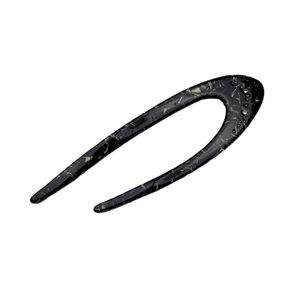 Minimalist black acetate U-shaped hair pin with marble texture and rhinestone accents