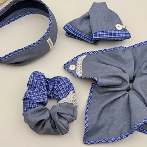 Sweet Blue Plaid Denim Hair Accessories Handmade Lace Pearl Button Scrunchie Headband Bow Hair Tie For Women Girls Gift
