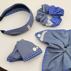 Blue denim hair accessories set with plaid borders and lace details in 4 pieces