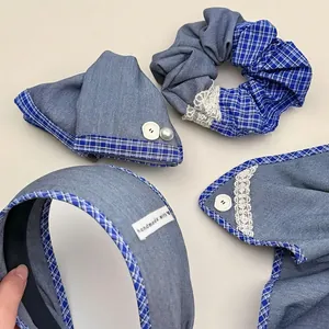 Blue denim hair accessories set with lace trim and vintage checkered patterns