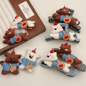 Cartoon Plush Bear Dog Hair Clip Cute Corduroy Bowknot Hair Claw For Women Girls Sweet Animal Daily Hair Accessories