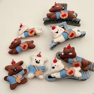 Cute teddy bear plush hair claw and clips set with blue denim jacket and heart bag