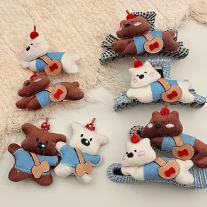 Cute brown teddy bear hair claw clip set with corduroy texture for various hairstyles