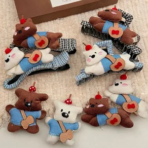 Cute cartoon plush bear hair claw clip with checkered pattern and heart detail