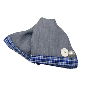 British style grey knit hair scrunchie with blue plaid trim and pearl button detail