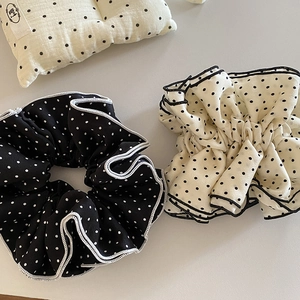 Polka dot oversized hair scrunchies in black and white chiffon for ponytail styling
