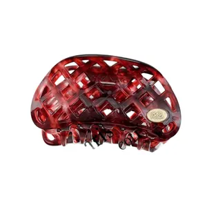 French style hollow waffle pattern hair claw in dark red marble finish for women