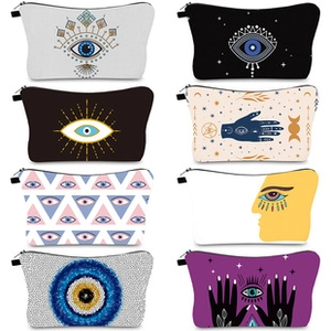 Eight-piece set of printed cosmetic bags with evil eye and bohemian motifs