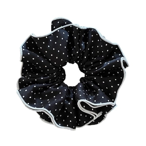 Elegant white polka dot on black scrunchie fabric hair tie for stylish ponytails