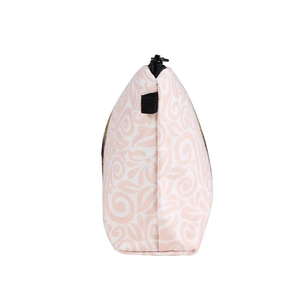 White Mexican skull pattern cosmetic bag with pink floral scrolls and side handle