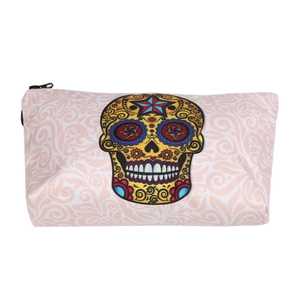Detail view of Mexico sugar skull print makeup bag with decorative scroll patterns and black zipper