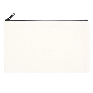 Flat lay of a beige canvas makeup bag featuring a black metal zipper and eyelash print