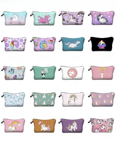 Detailed grid of 20 unicorn printed makeup bags with rainbow stars and zipper closure