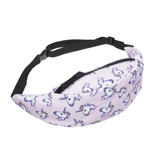 Detail of lavender unicorn printed waist bag with adjustable strap and black zipper
