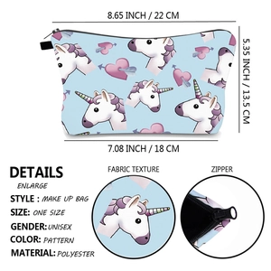 Detailed view of polyester unicorn makeup bag showing dimensions and fabric texture