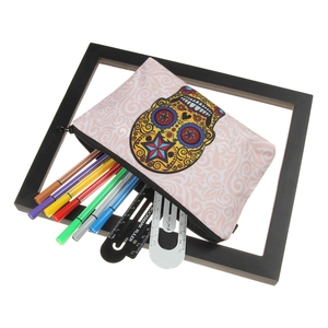 Pink Mexican Sugar Skull makeup bag featuring colorful floral patterns and large capacity