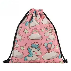 Detailed view of pink drawstring bag featuring colorful unicorn and rainbow prints