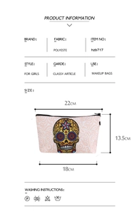 Polyester makeup bag with sugar skull print and size dimensions 22x18x13.5cm