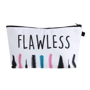 Detail of white fabric cosmetic bag featuring Flawless text and colorful mascara prints