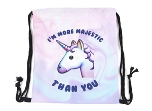 Detail of unicorn drawstring backpack with I'M MORE MAJESTIC print and gradient colors