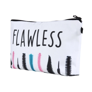 Macro view of white canvas makeup bag featuring black Flawless script and mascara brush print