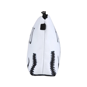 White fabric makeup bag with baseball stitching print and black zipper on white background