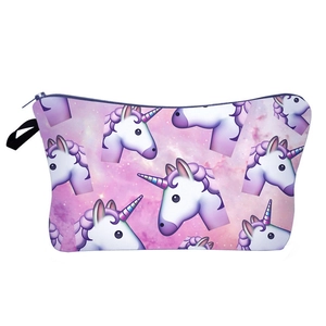 Detail of unicorn digital print makeup bag with purple starry sky pattern and blue zipper