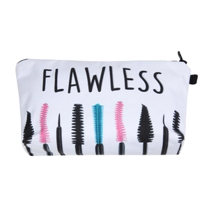 Detail of Flawless makeup bag with zipper closure and colorful eyelash brush pattern