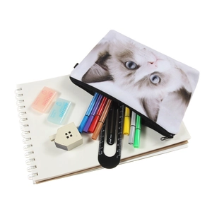 Trousse à maquillage imprimée chat Ragdoll 3D et pochette avec fermeture éclair noire