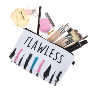 Flawless printed makeup pouch with colorful mascara brush patterns and zipper closure