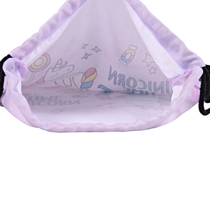 Purple unicorn drawstring bag with digital print and adjustable black straps for travel