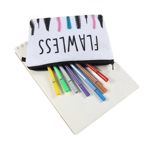 White polyester cosmetic pouch with Flawless print and colorful makeup brush design